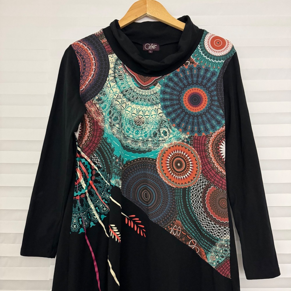 Coline Black Mandala Graphic Print Boho Long Sleeve Whimsigoth Tunic Top L Artsy